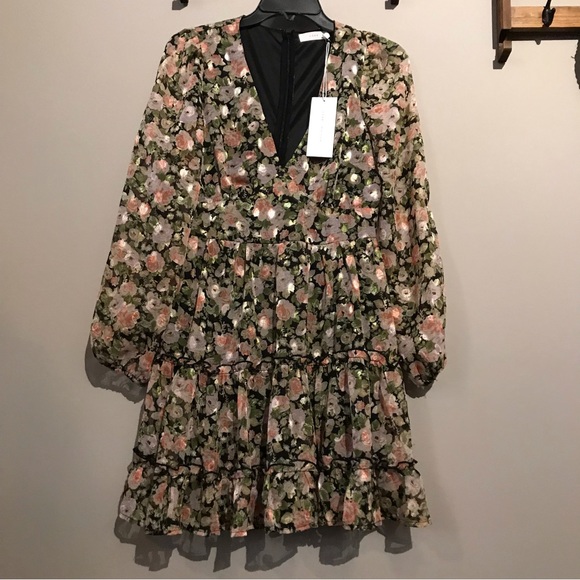 NWT Lush Black & Coral Floral Ruffle Mini Dress w/Sheer Puff Long Seeves Sz S,M - Picture 2 of 8